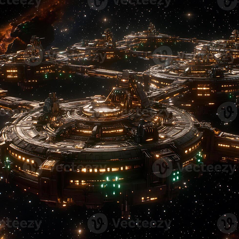Futuristic Orbital Space Stations with Vibrant Lighting in Outer Space photo