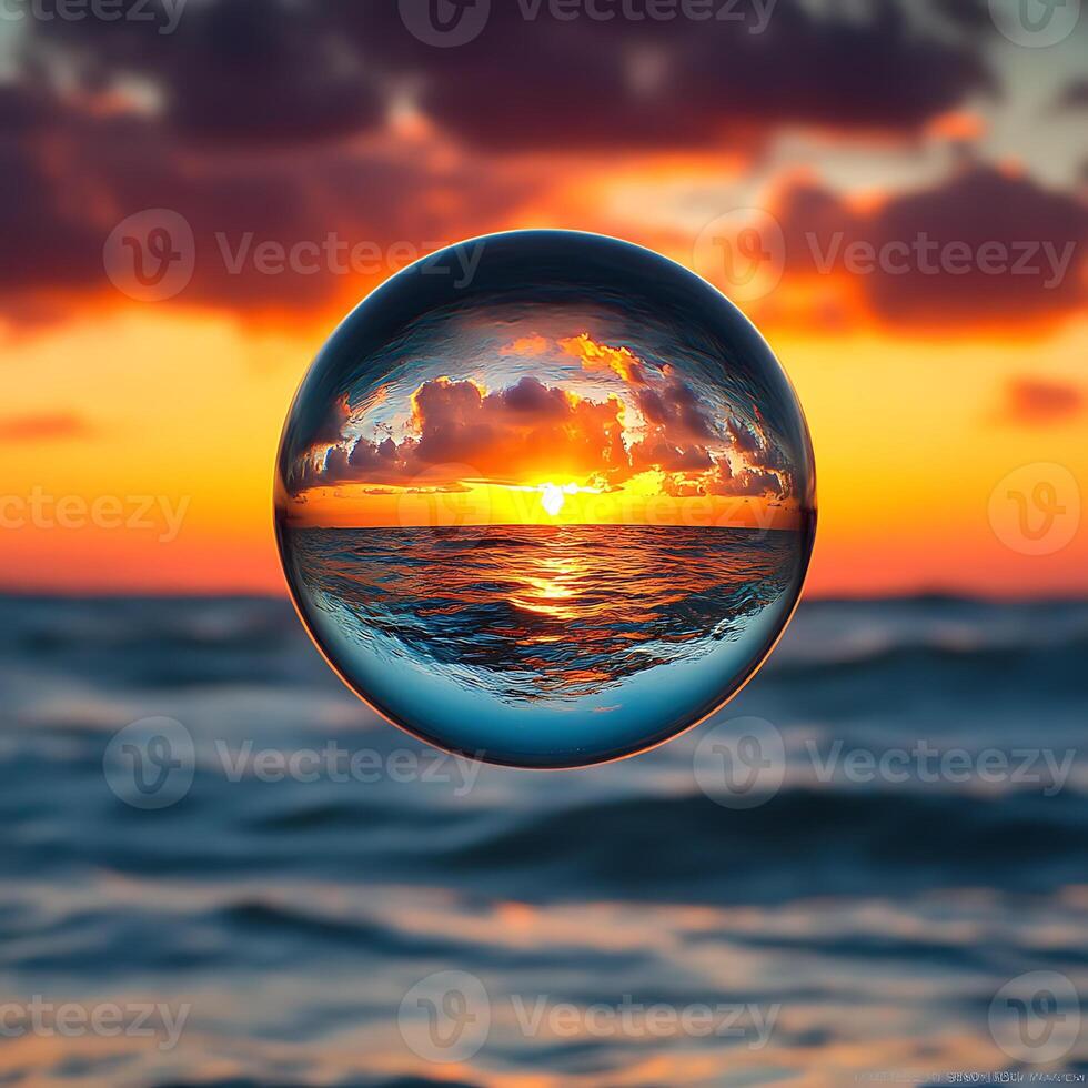 Crystal Ball Reflection Capturing Sunrise Over Ocean Waves and Vibrant Sky photo