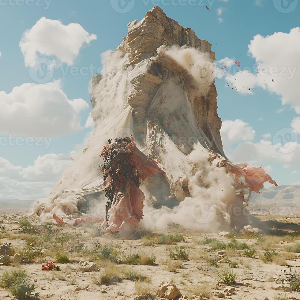 Tower Draped in Fabric Collapsing Amidst Desert Landscape with Bright Sky photo