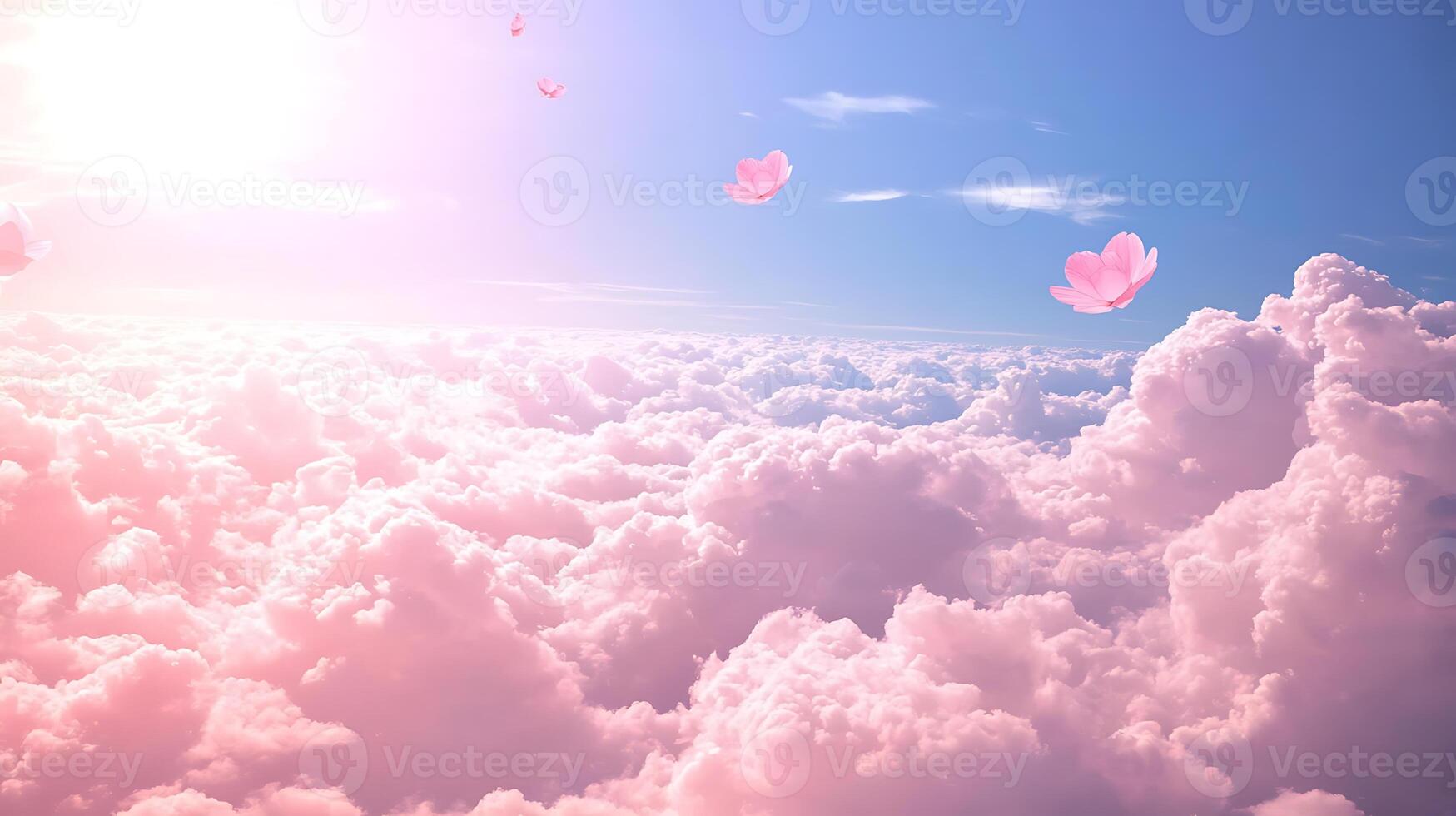 Dreamlike Skies With Pink Clouds and Floating Petals at Sunrise photo