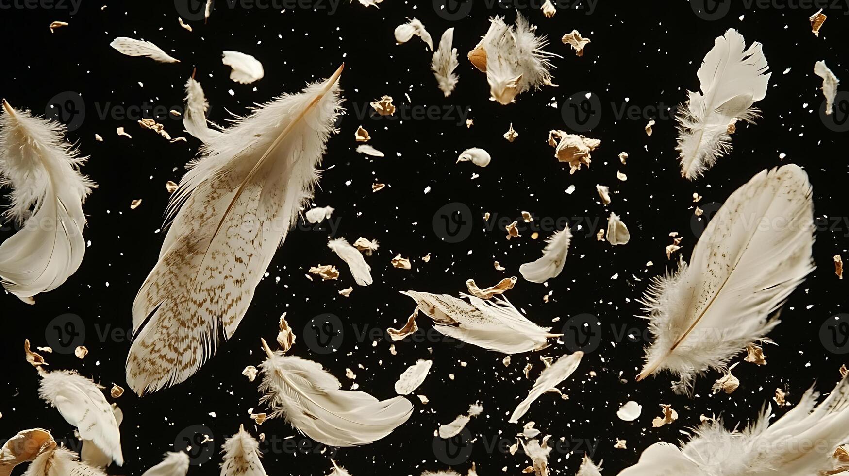 Floating Feathers and Particles Against a Dark Background photo