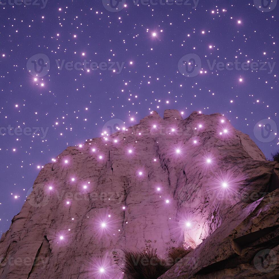 Starry Night Sky Over Rocky Cliff Illuminated by Bioluminescent Glowing Points photo