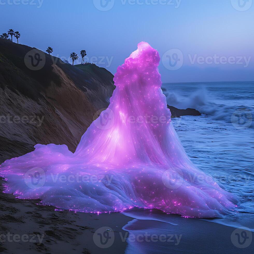 Illuminated Purple Wave Forming on a Serene Beach at Blue Hour photo