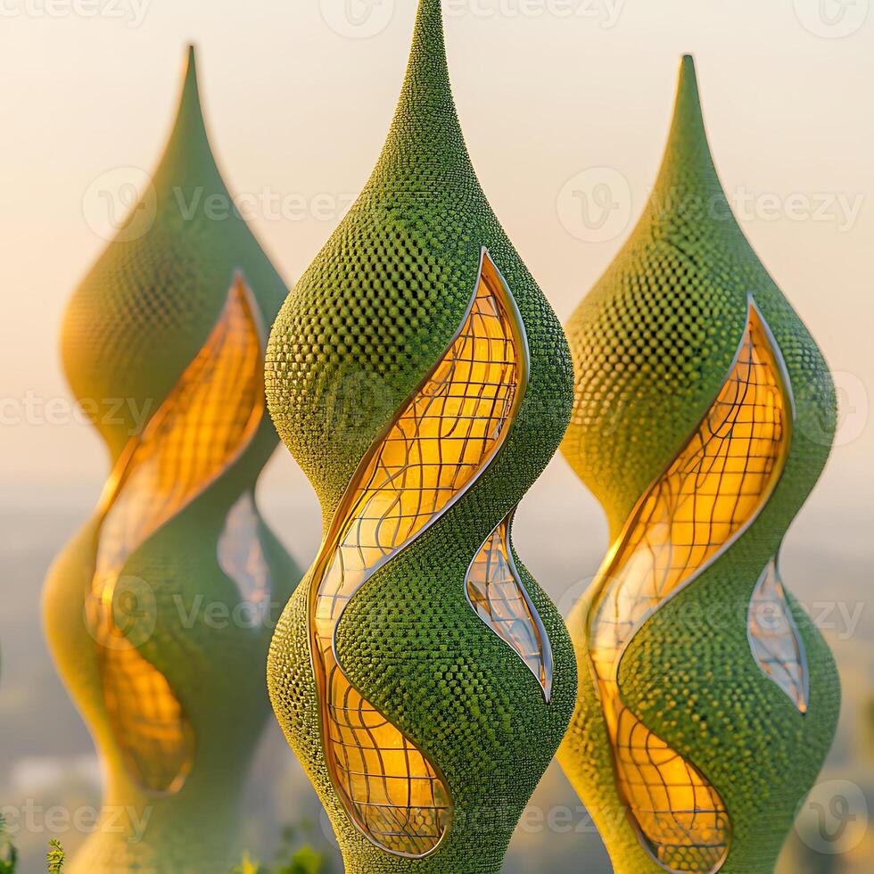 Futuristic Green Architectural Towers with Organic Design Illuminated by Warm Light photo