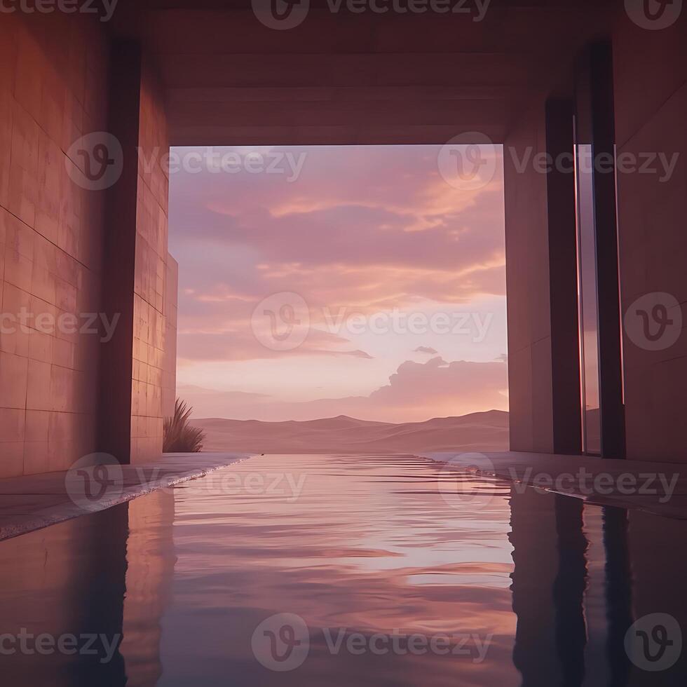 Serene Infinity Pool Overlooking Scenic Desert Sunset With Pastel Skies photo
