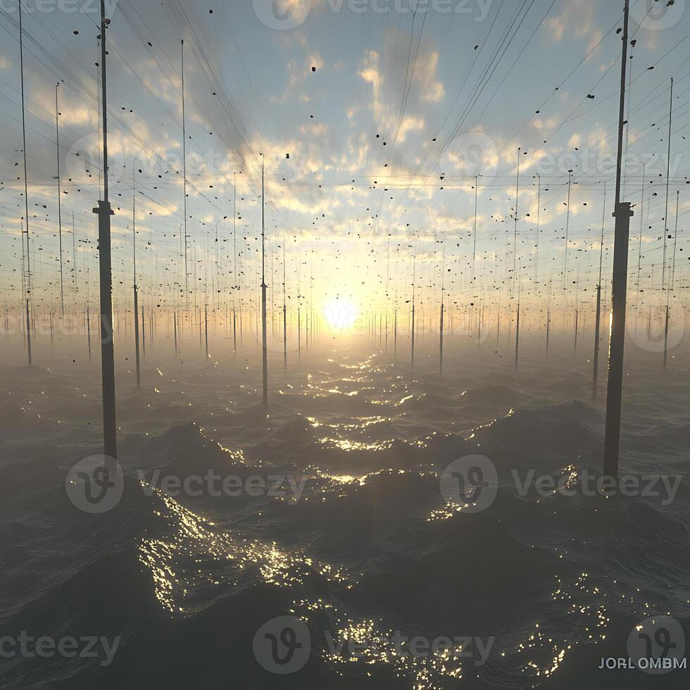 Sunlit Sunrise Over an Abstract Ocean With Poles and Lines photo