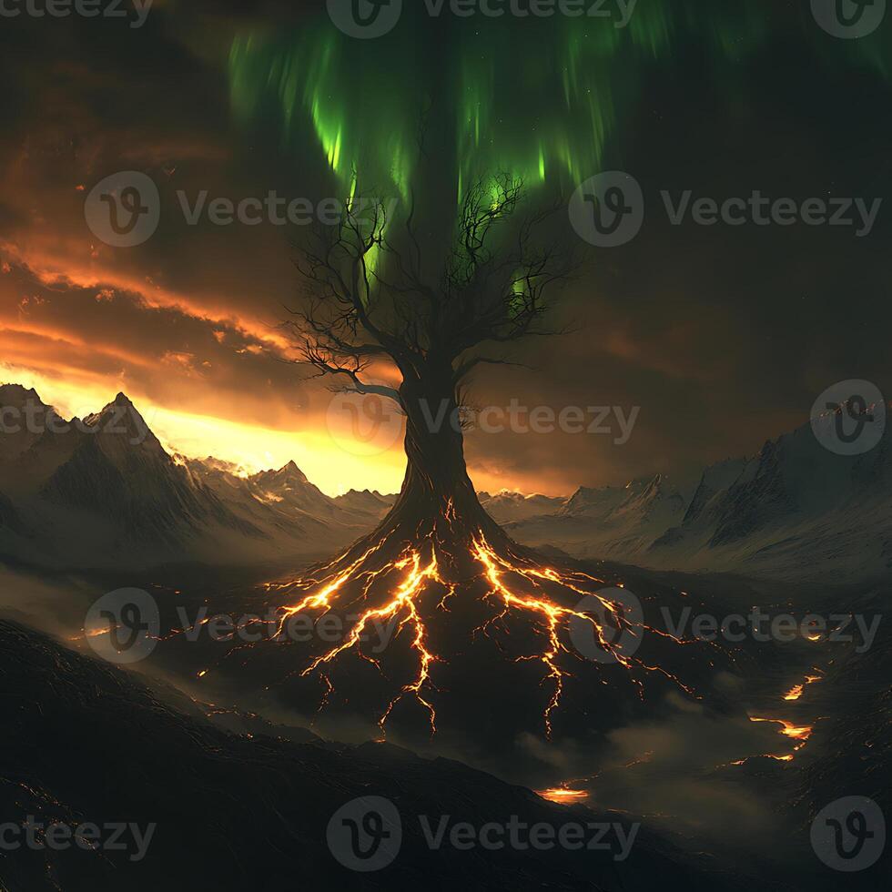 Majestic Tree with Lava Roots Under Colorful Aurora in Mountain Valley photo