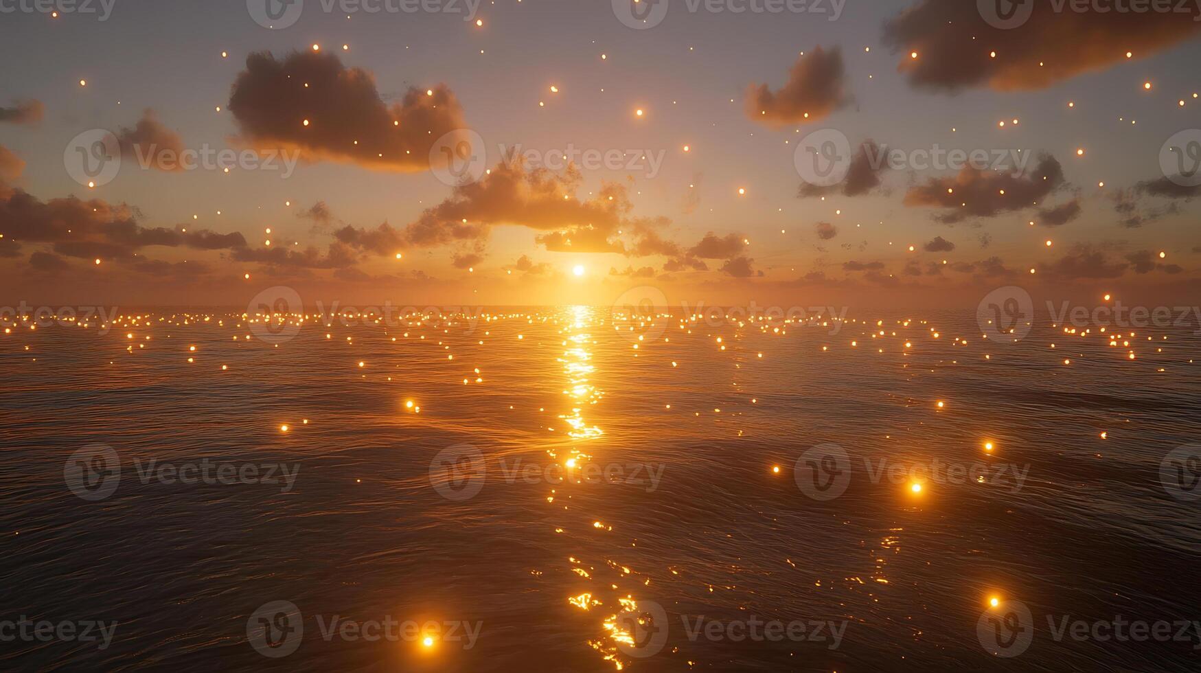 Golden Sunset Over Ocean Scintillating With Floating Sparks and Clouds photo