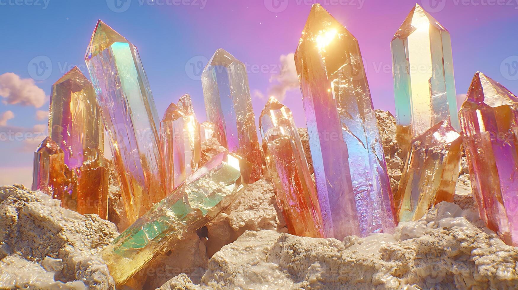 Vibrant Colorful Crystals Glowing with Sunset Reflections in Natural Formation photo