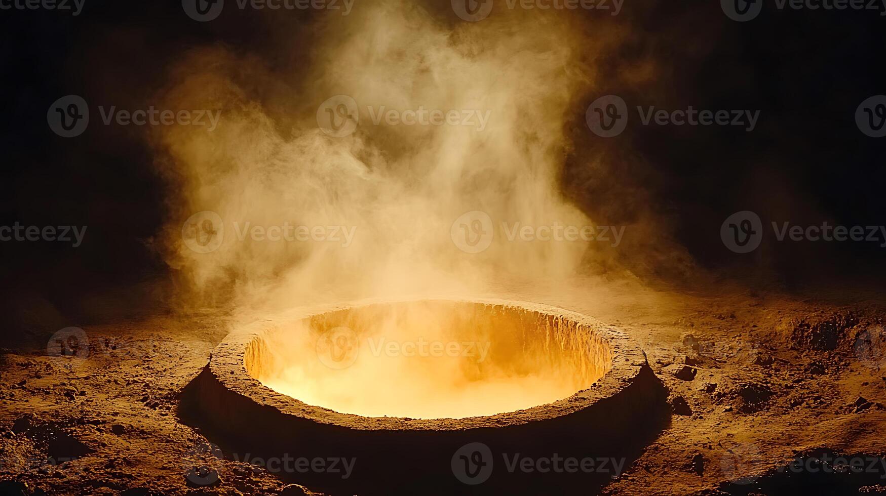 Bright Fiery Pit Emanating Light and Smoke in a Dark Desolate Landscape photo