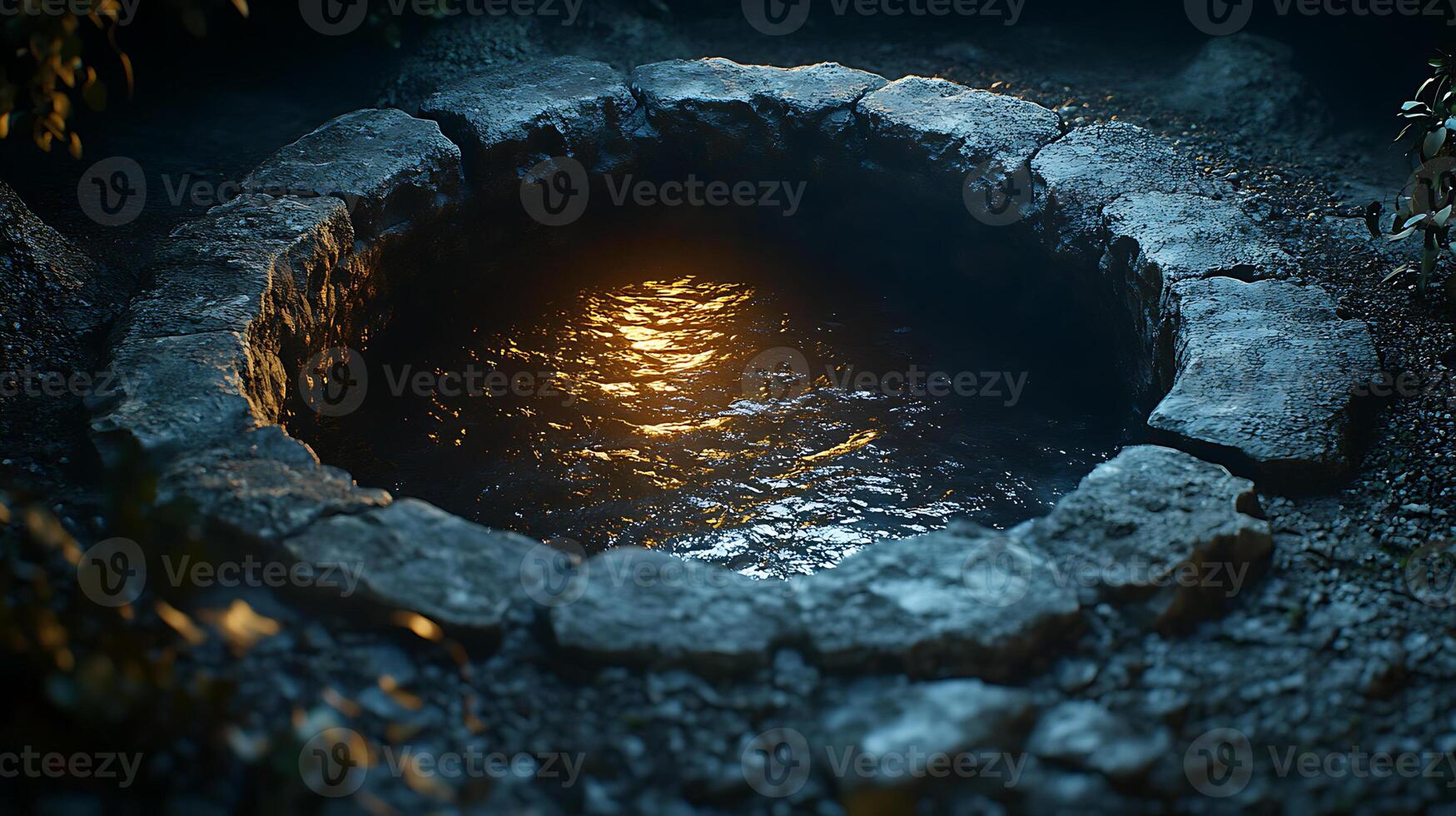 Mysterious Stone Well Reflecting Golden Light in Ambient Evening photo