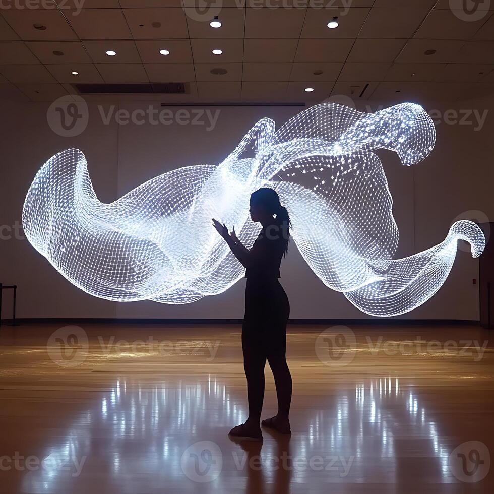 Silhouette of Person with Abstract Digital LED Light Art Installation photo