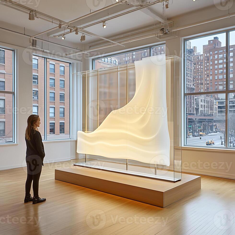 Woman Observing Abstract Artistic Light Sculpture in a Modern Gallery photo