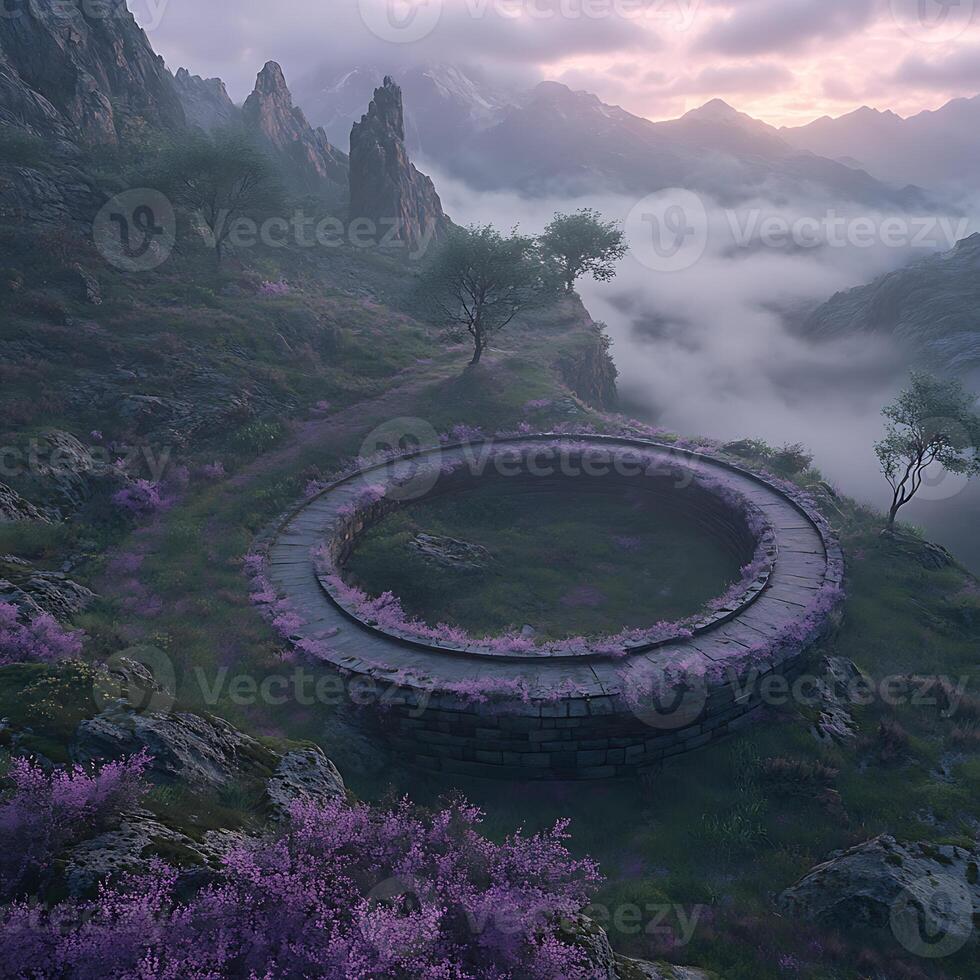 Scenic Mountain Valley with Circular Stone Feature and Evening Light photo