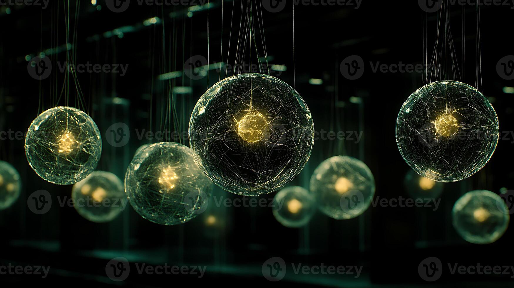 Luminous Spherical Orbs Suspended In A Dark Ambient Environment photo