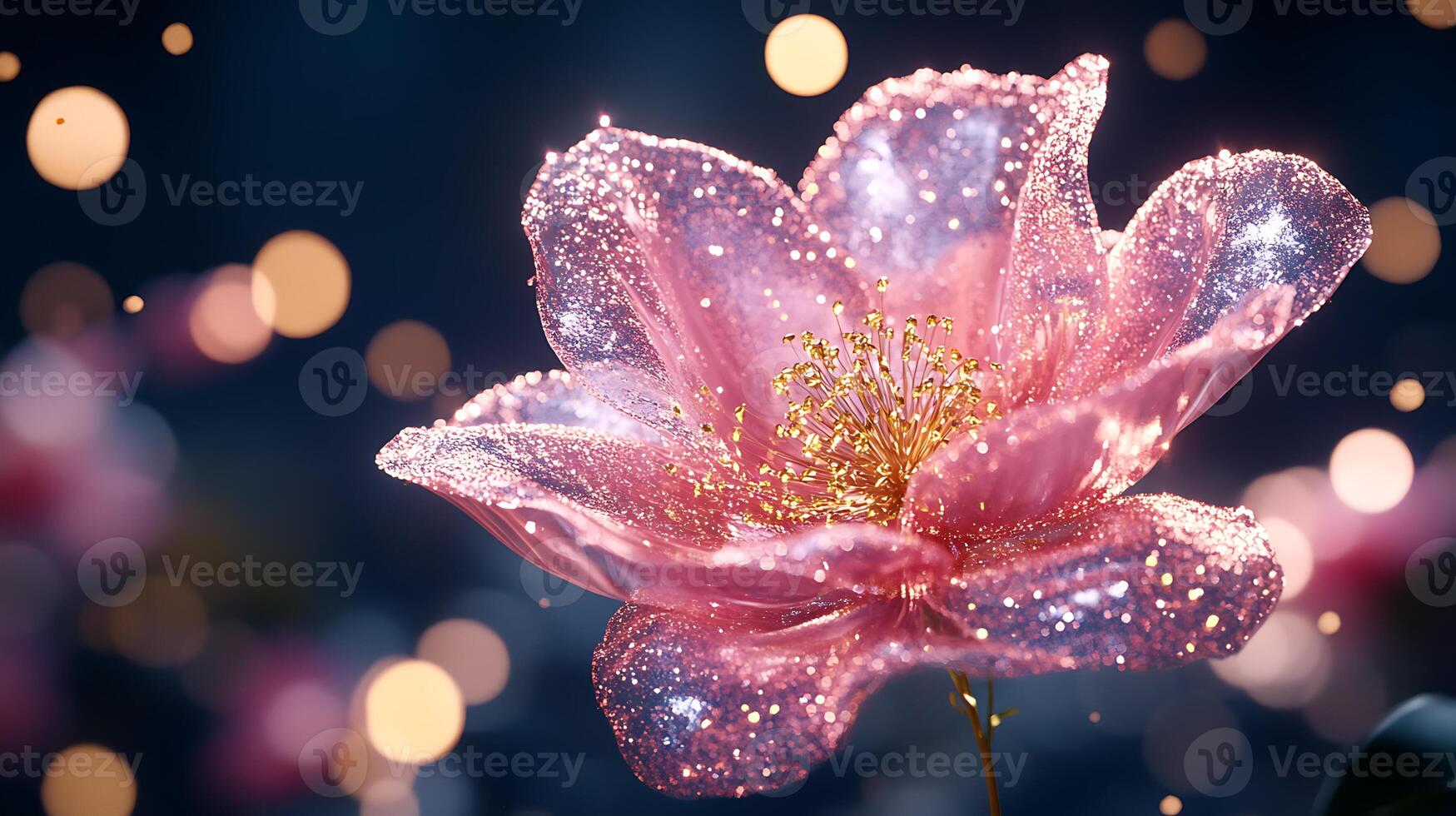 Beautiful Pink Flower with Glittering Petals in Bokeh Light photo