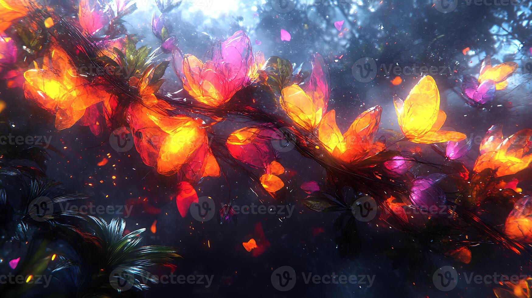Exquisite Neon Butterflies Amidst Ethereal Light in a Mystical Forest photo