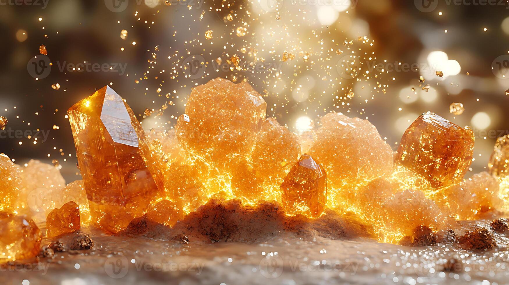 Golden Crystals Glowing Amid Sparkling Particles Under Light photo
