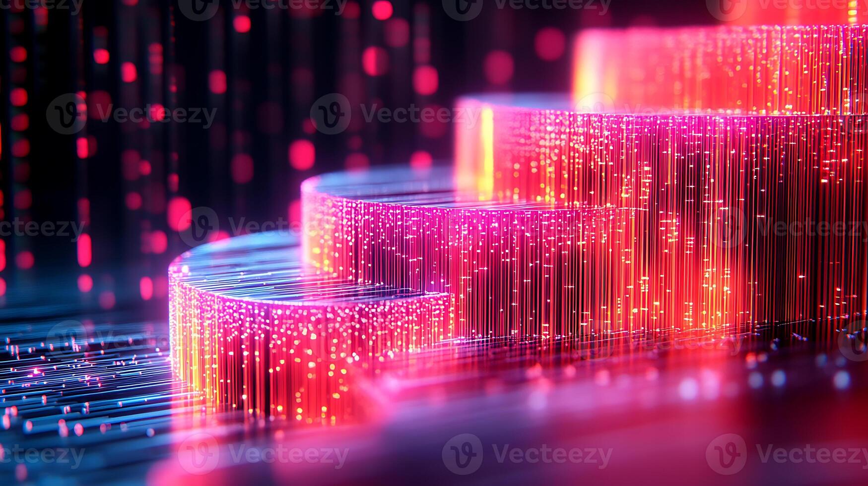 Abstract Neon Spiral Staircase With Digital Light Patterns photo