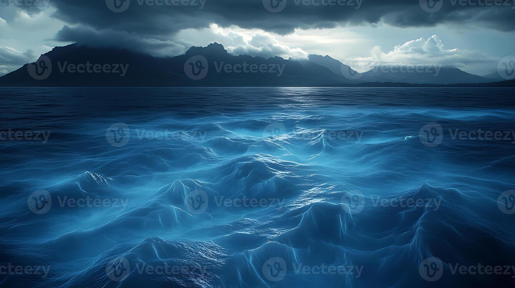 Serene Ocean Wave Landscape Under Dramatic Clouded Skies at Twilight photo