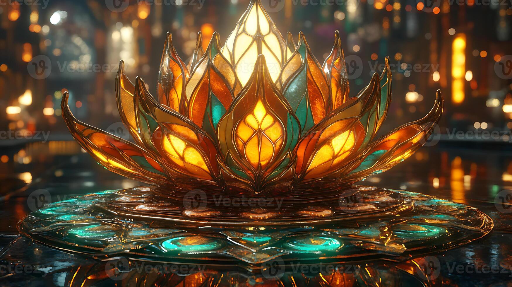 Intricate Stained Glass Lotus Flower Mandala Illuminated in Radiant Warm Lighting photo
