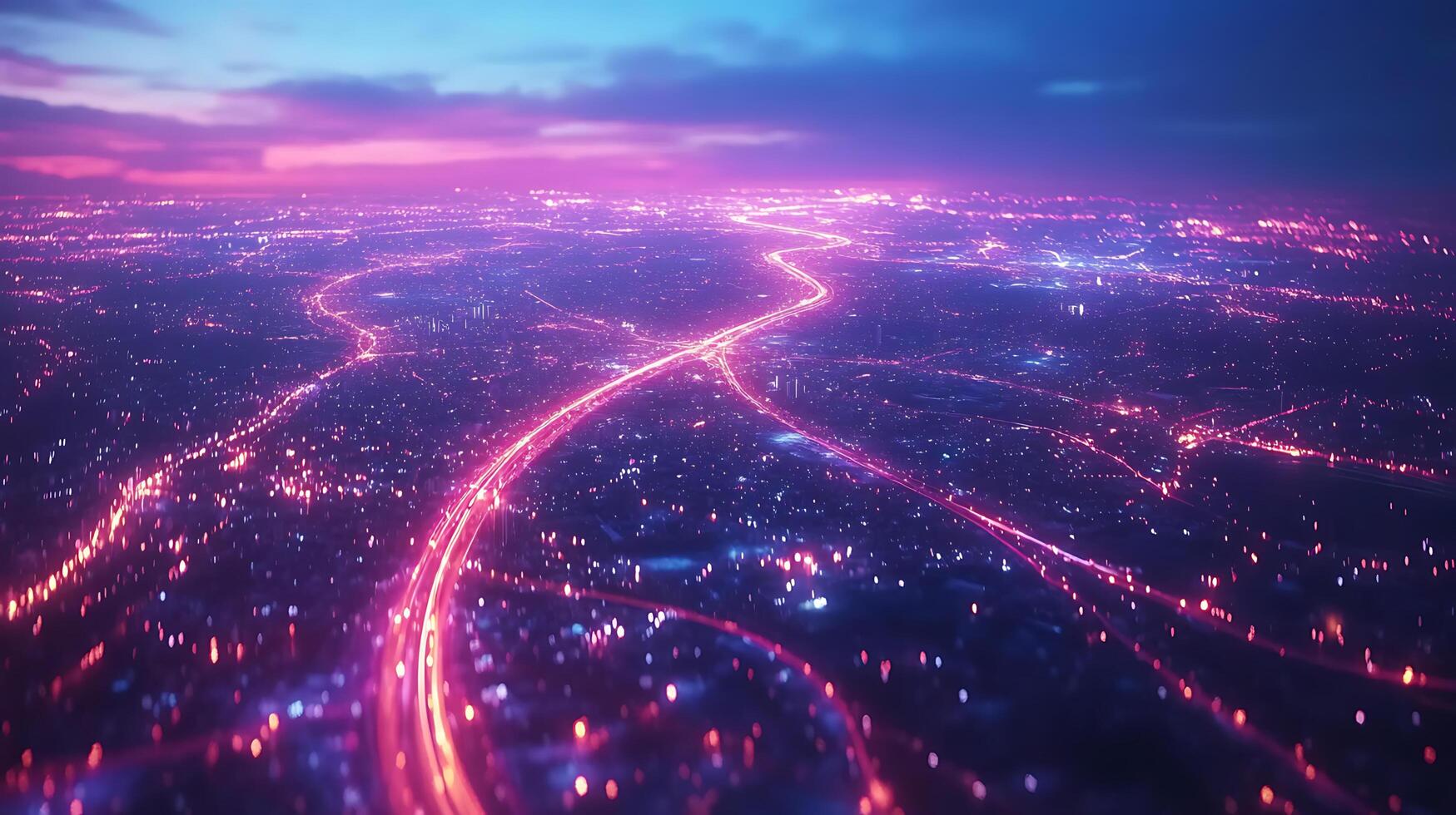 Aerial View of Illuminated City Streets During Vibrant Twilight Hours photo
