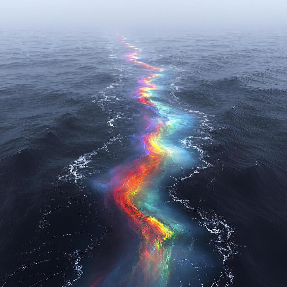 A Serene Ocean With A Vibrant Rainbow Path in a Foggy Mist photo