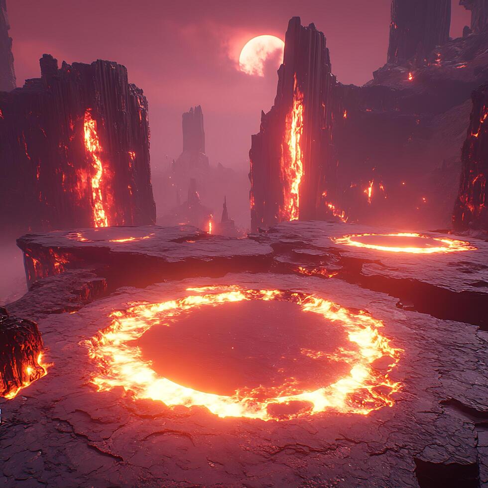 Scenic Landscape With Lava Pools and Rugged Terrain Under a Red Sky photo