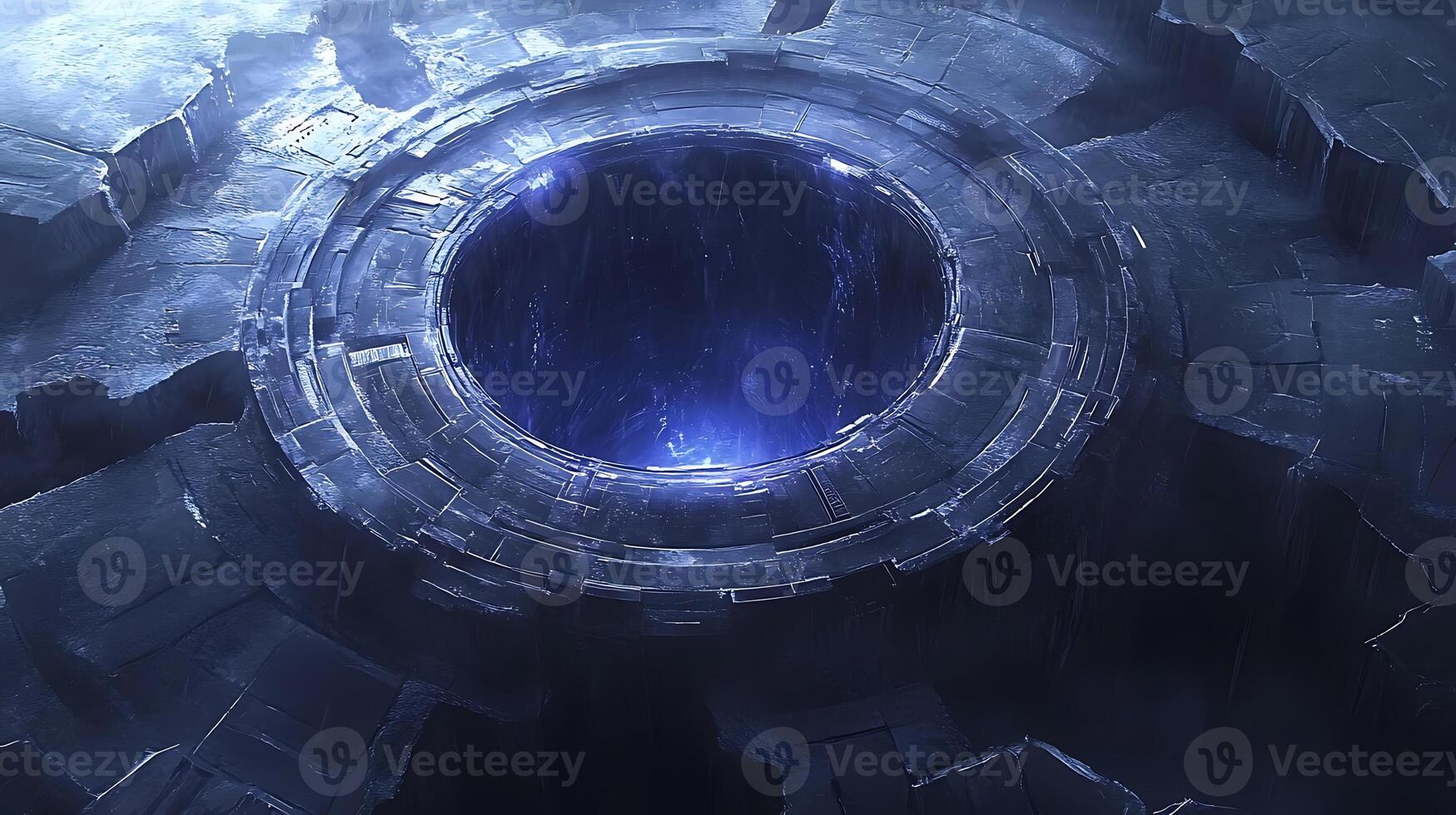 Mysterious Futuristic Portal with Blue Glowing Light in Dark Environment photo