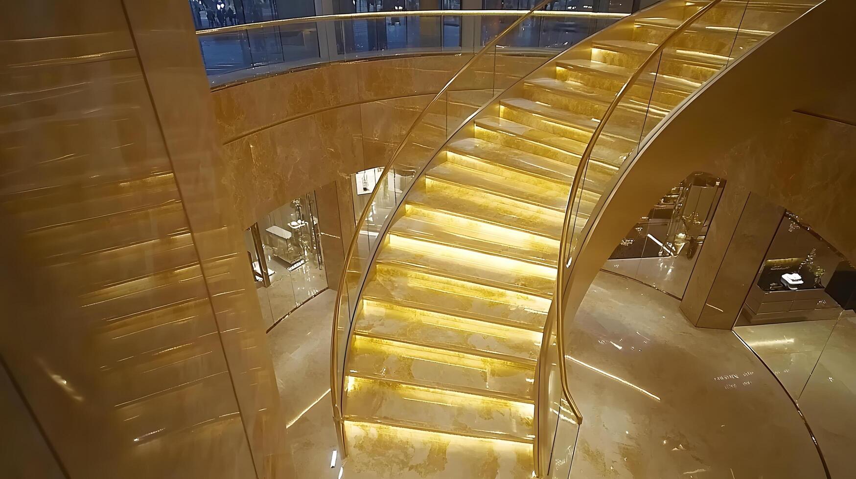 Luxury Spiral Staircase with Illuminated Golden Elegance in Modern Architectural Design photo