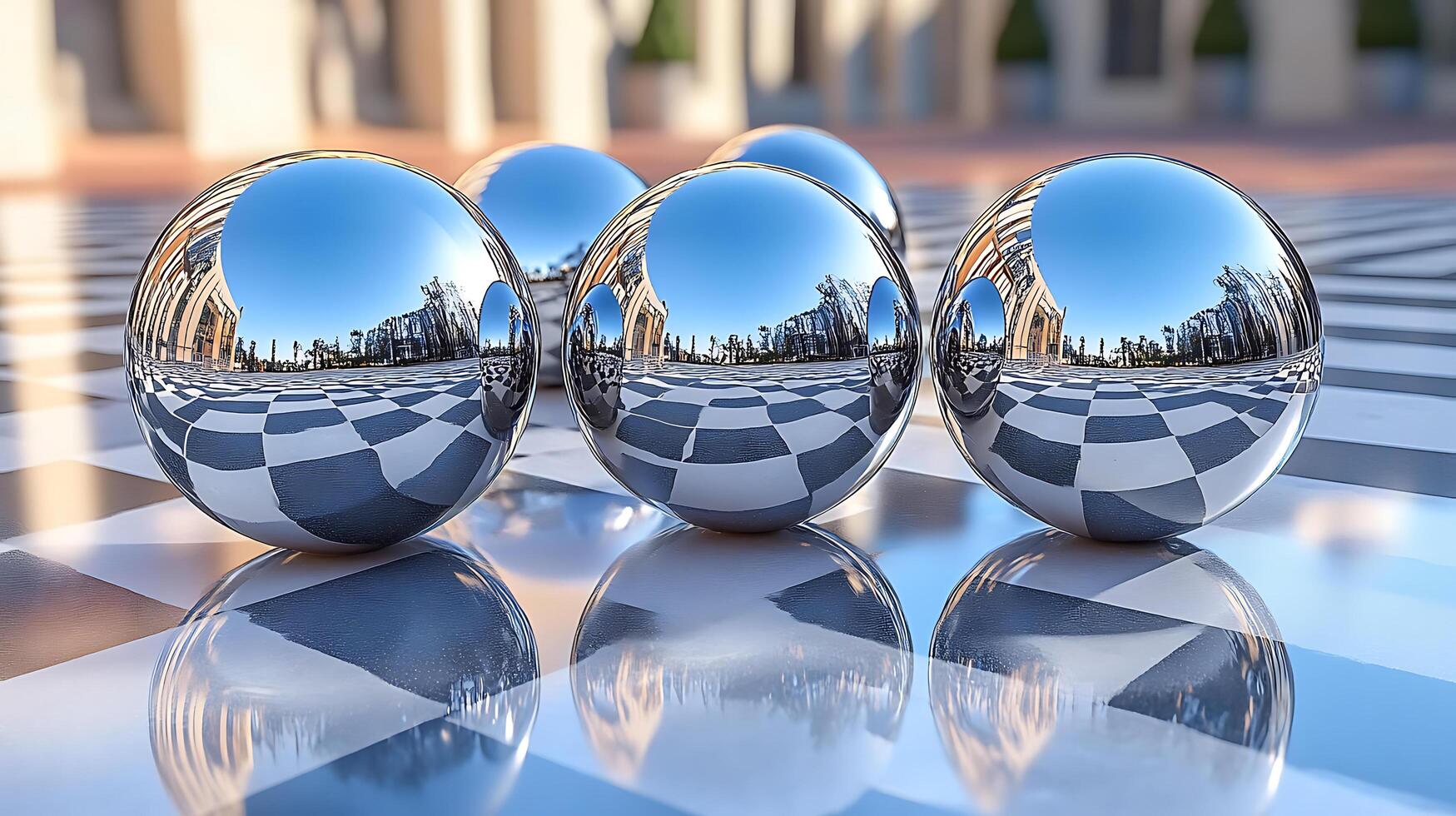 Reflective Metallic Spheres Displaying a Scenic Cityscape on a Checkerboard Surface photo