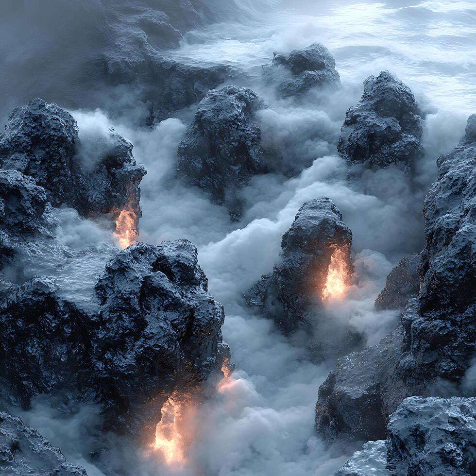 Molten Lava Glowing Amidst Rugged Rocks in Atmospheric Steam photo