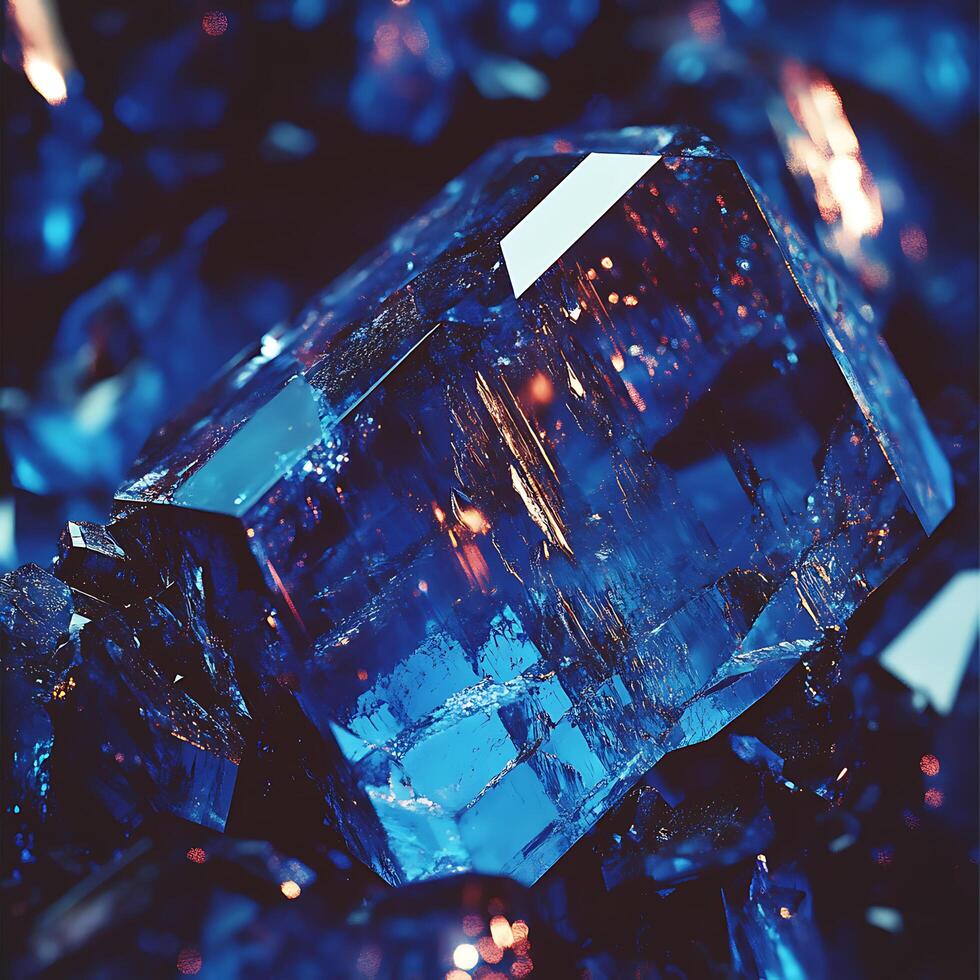 Close-Up of Blue Crystal Shards Capturing Light and Reflections photo