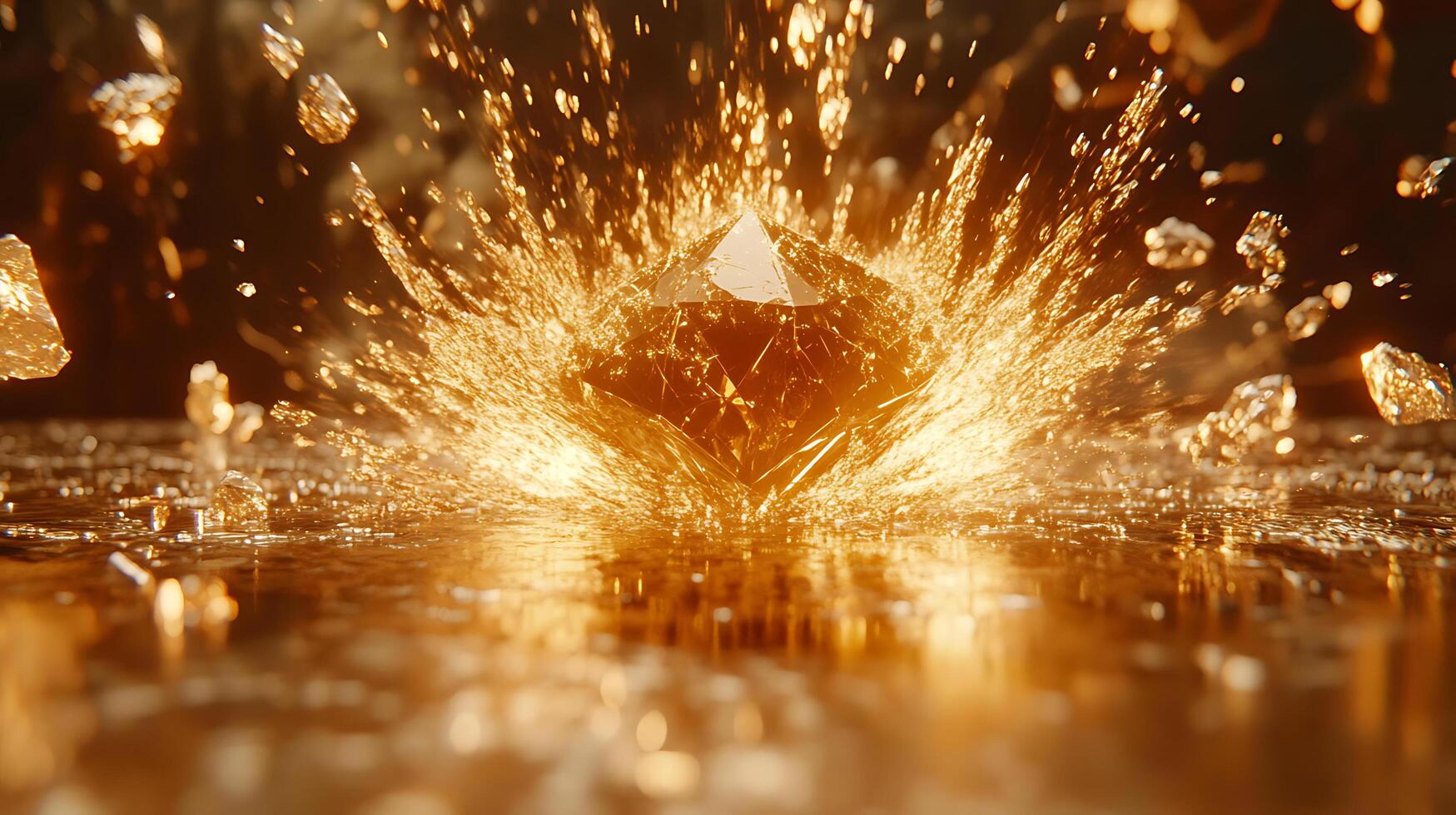 Golden Splash Impact with Shimmering Crystalized Fragments Under Ambient Light photo