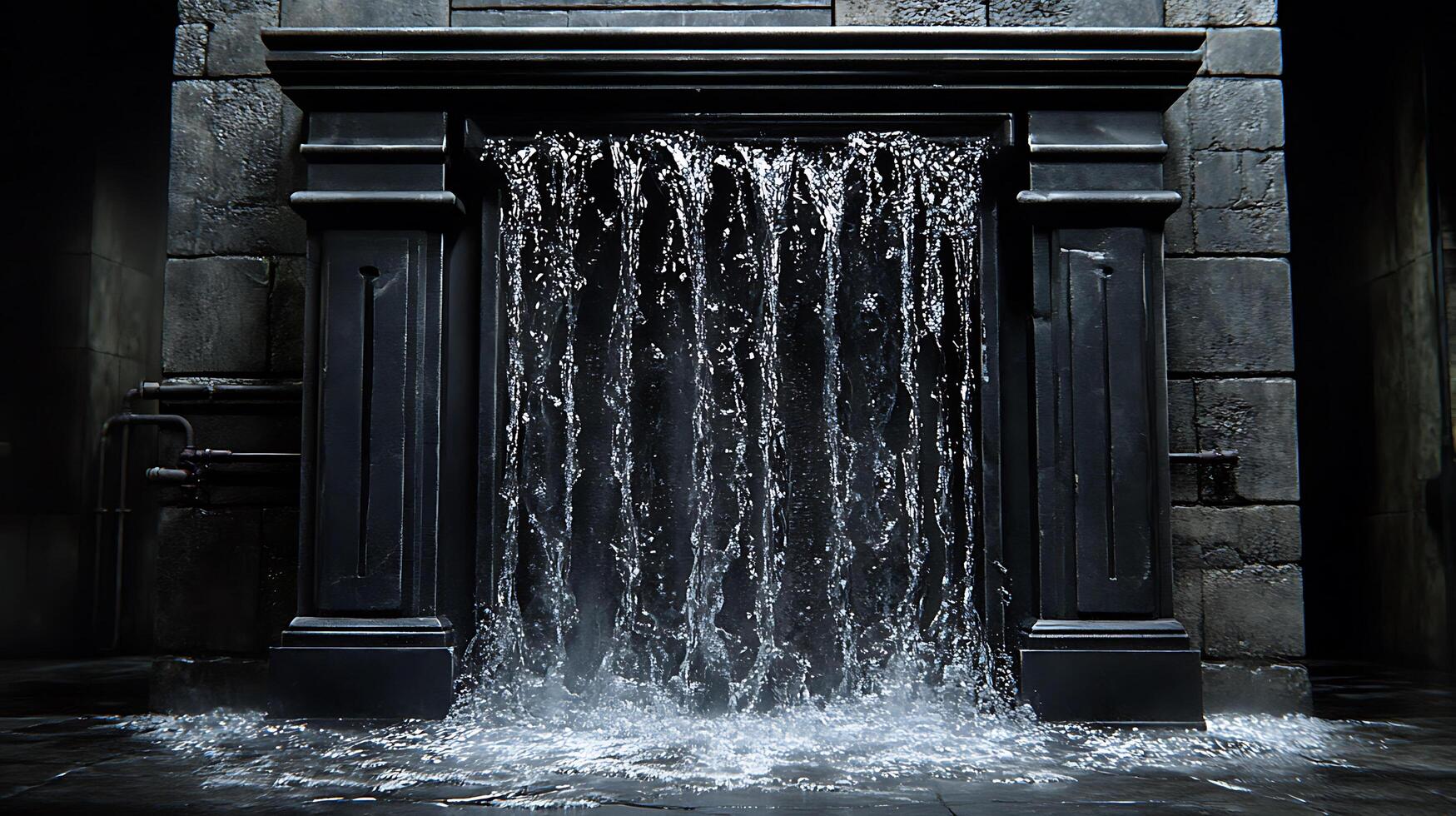 Elegant Water Feature Frame with Flowing Cascades Under Dramatic Lighting photo