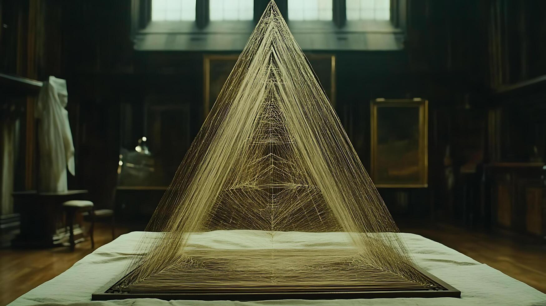 Artistic Representation of Pyramid Shape Made with Intricate Silk Threads photo