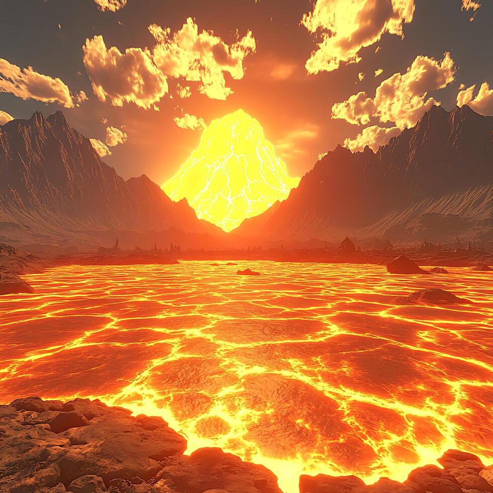 Scenic Volcanic Landscape with Flowing Lava and Majestic Fiery Glow photo