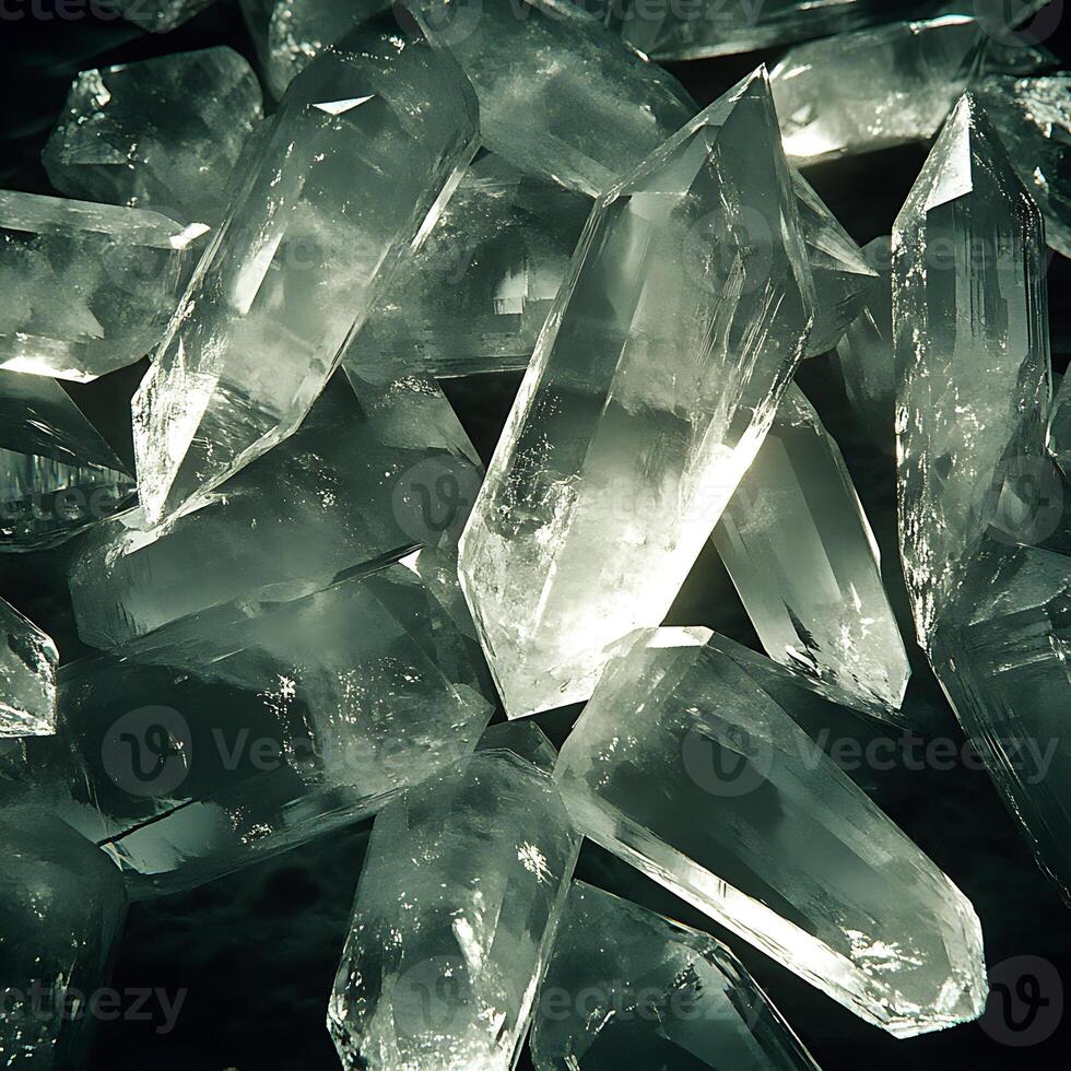 Close-Up of Transparent Quartz Crystals Shimmering in Diverse Lighting photo