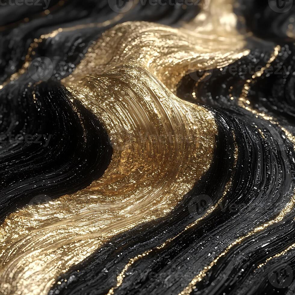 Abstract Gold and Black Wavy Textured Shape with Metallic Reflection photo