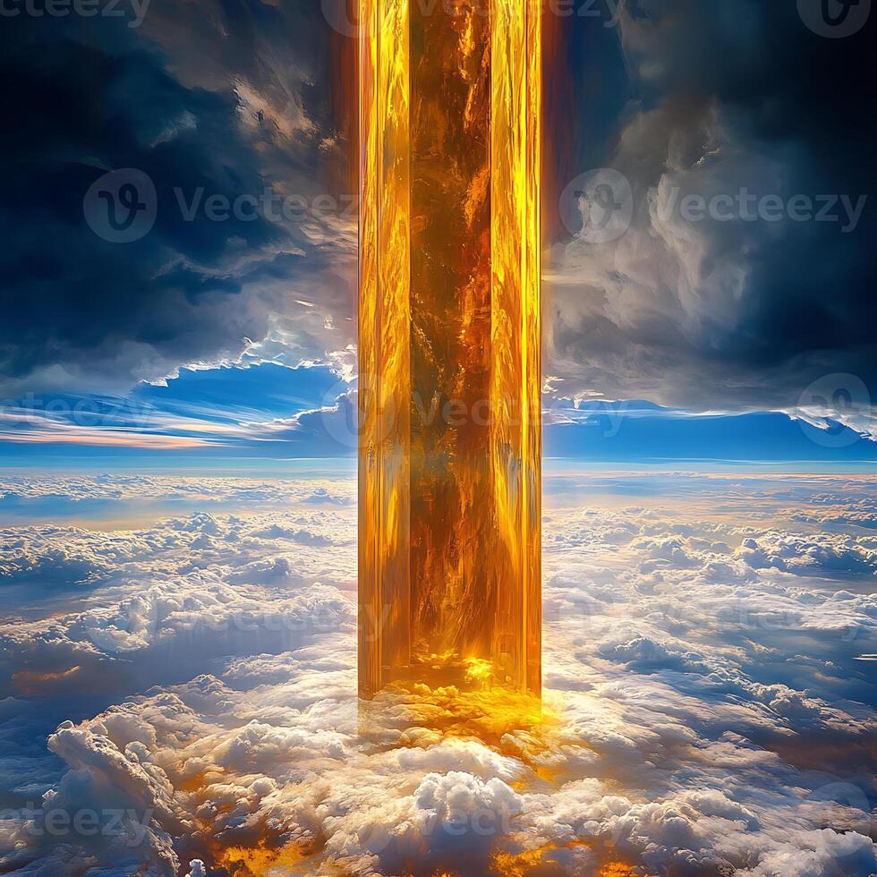 Magnificent Golden Tower Rising Above an Expansive Cloudscape Under a Dramatic Sky photo