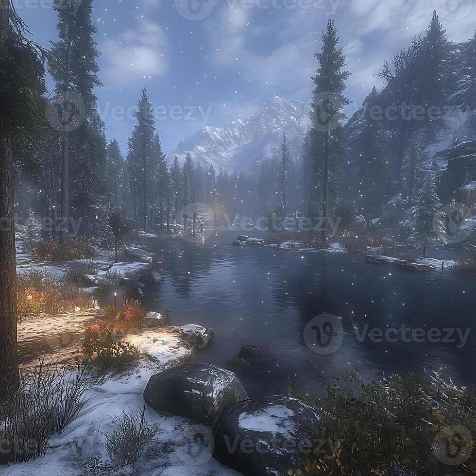 Tranquil Snowy Mountain Lake Scene With Pine Trees and Falling Snow photo