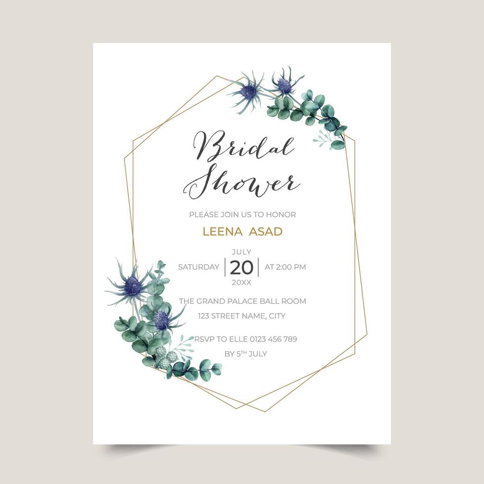 Watercolor thistle invitation for bridal shower party vector