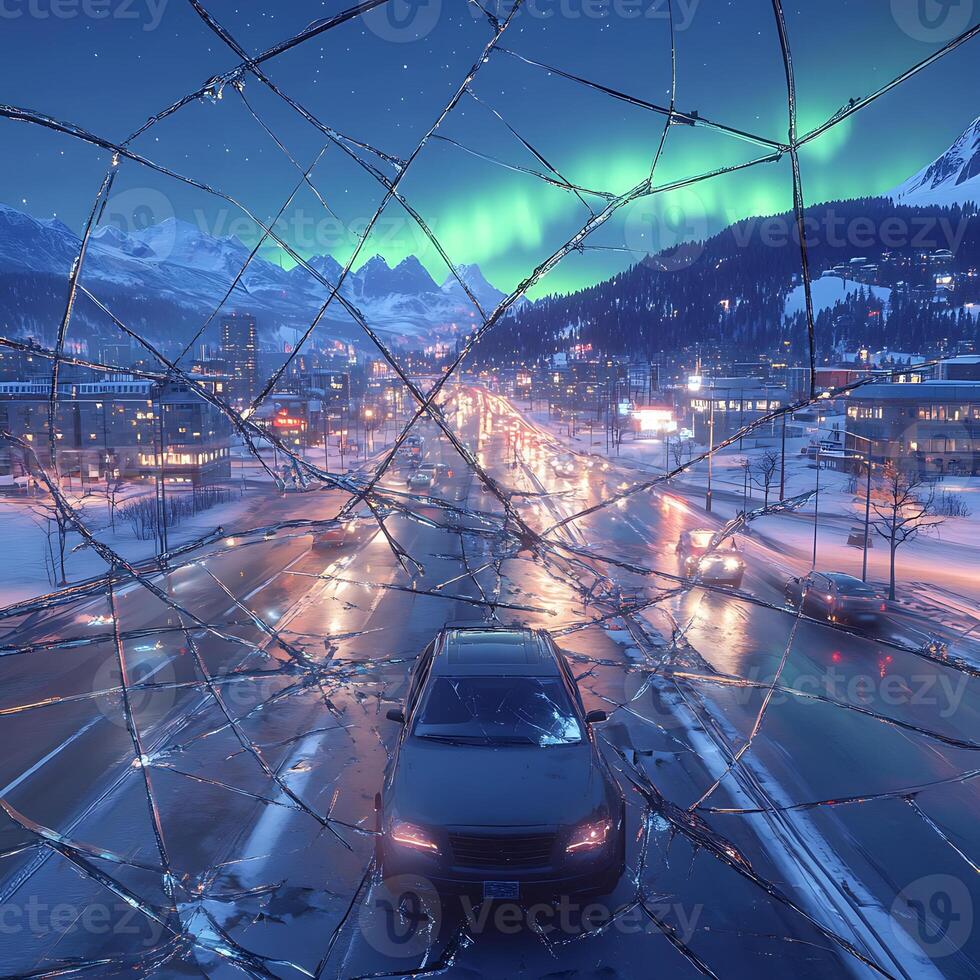 Night Cityscape Reflected Through Broken Glass and Northern Lights in Winter photo