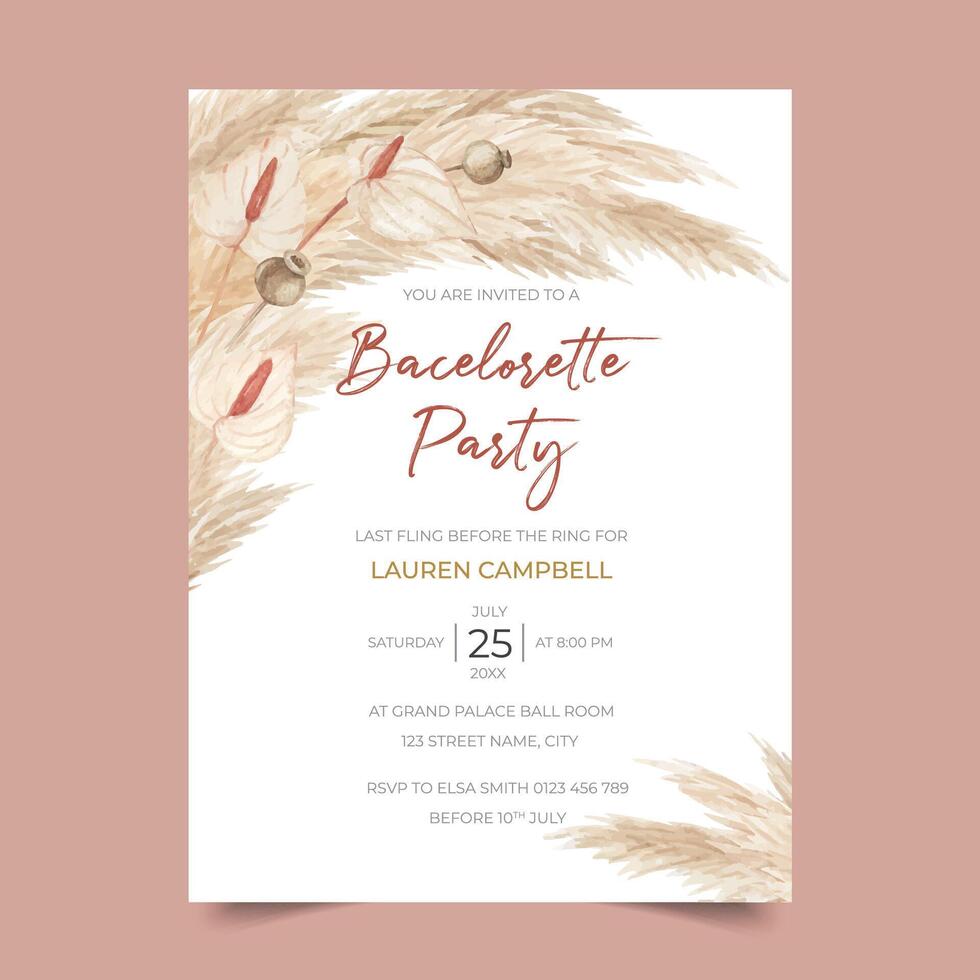 Pampas grass bachelorette party invitation template with calla lily vector