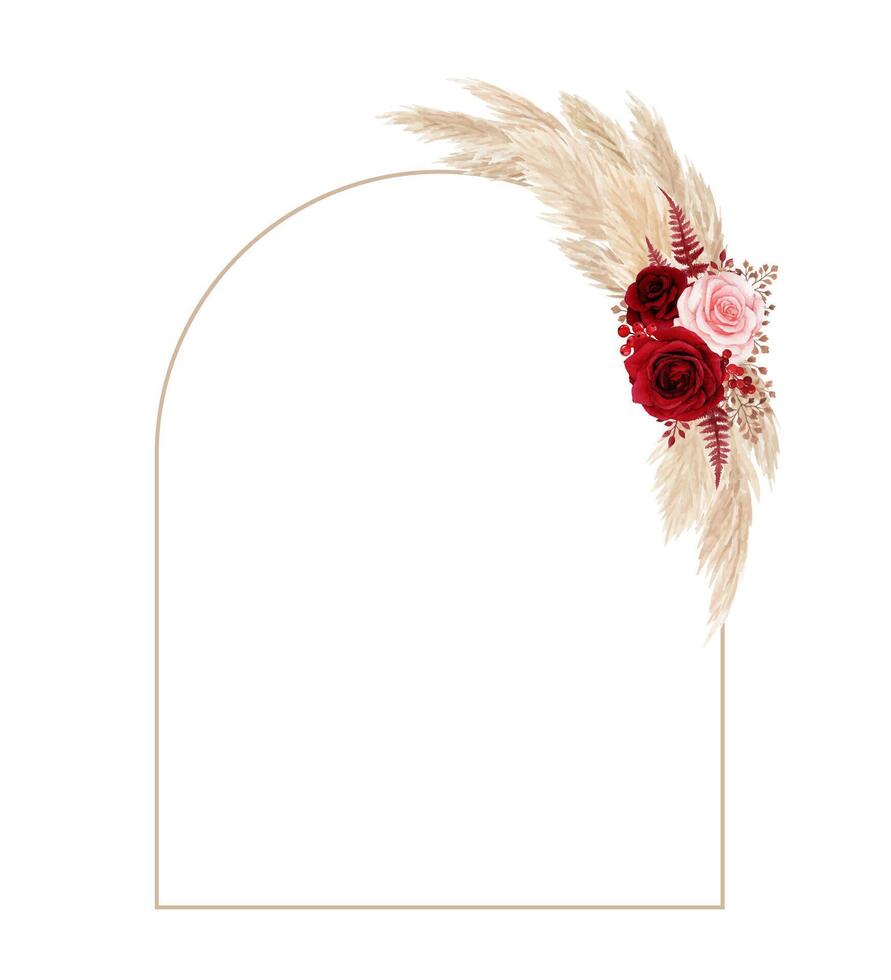 Watercolor bohemian floral arch with red rose and pampas grass vector