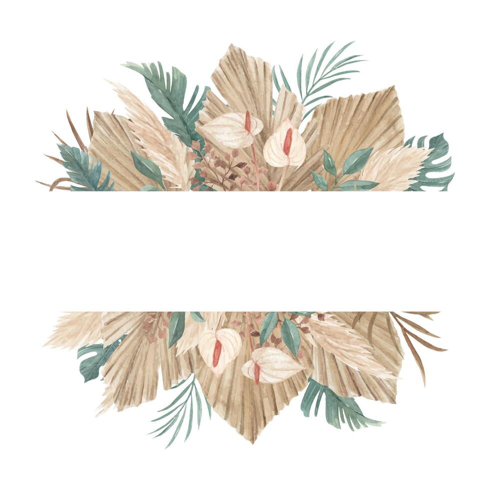 Pampas grass, dried palm leaves and tropical jungle floral banner template vector