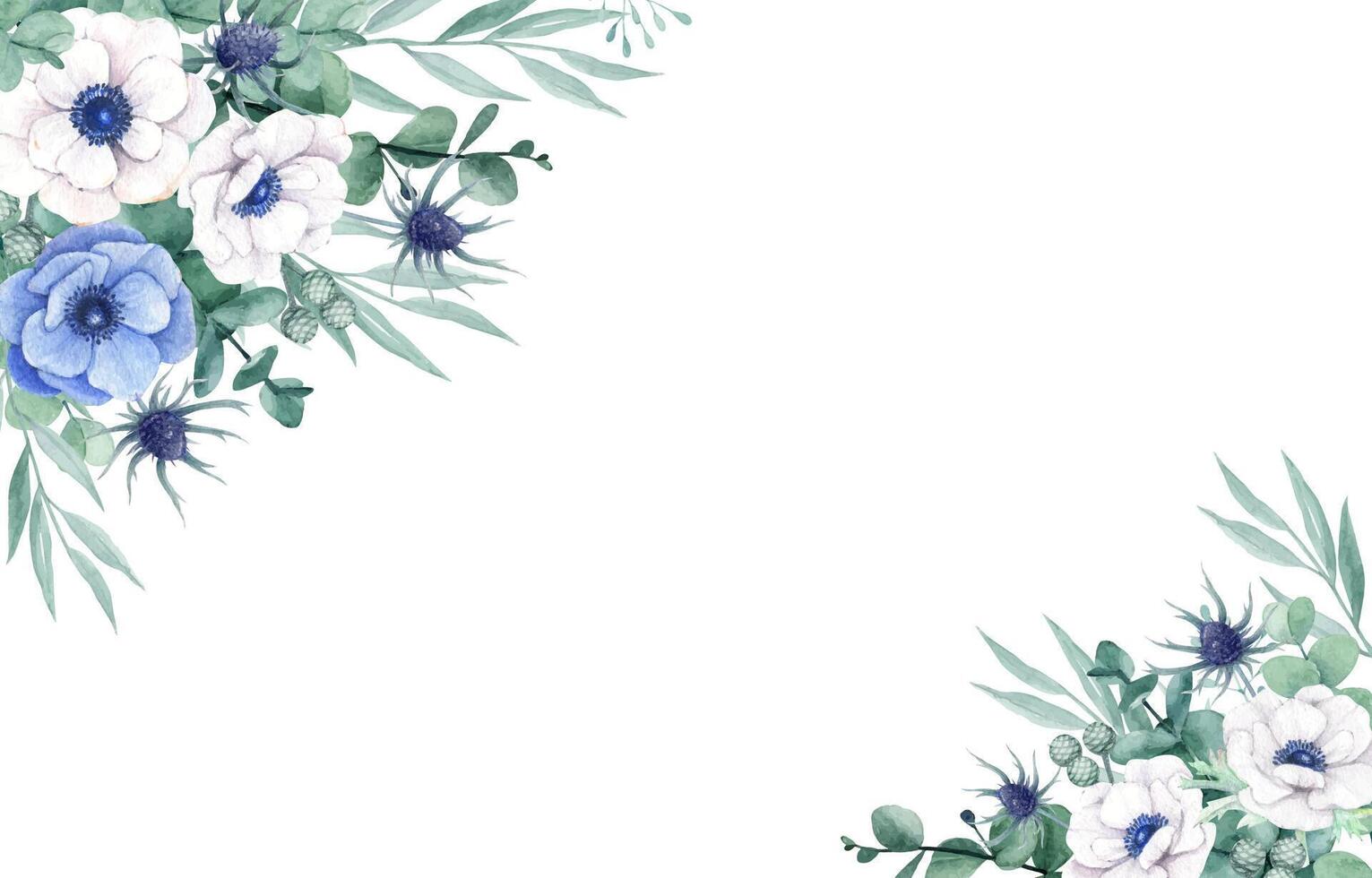 Beautiful white and blue anemone flower with eucalyptus leaves vector