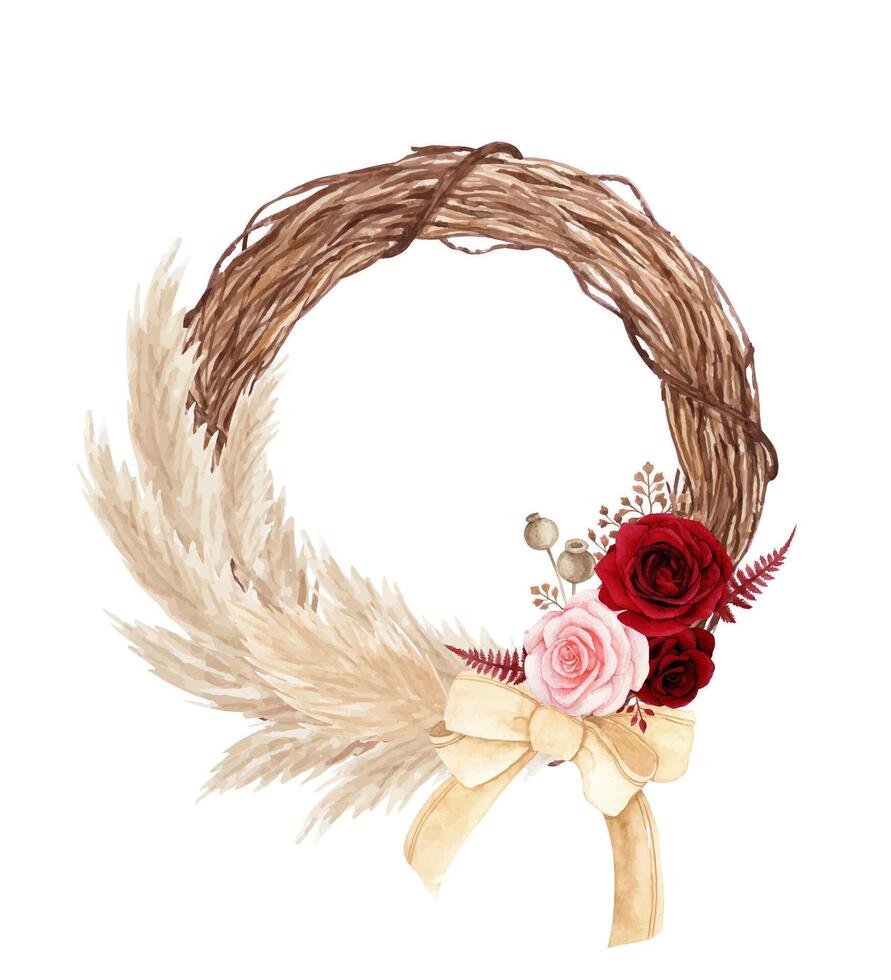 Watercolor floral wreath with rose and dry pampas vector