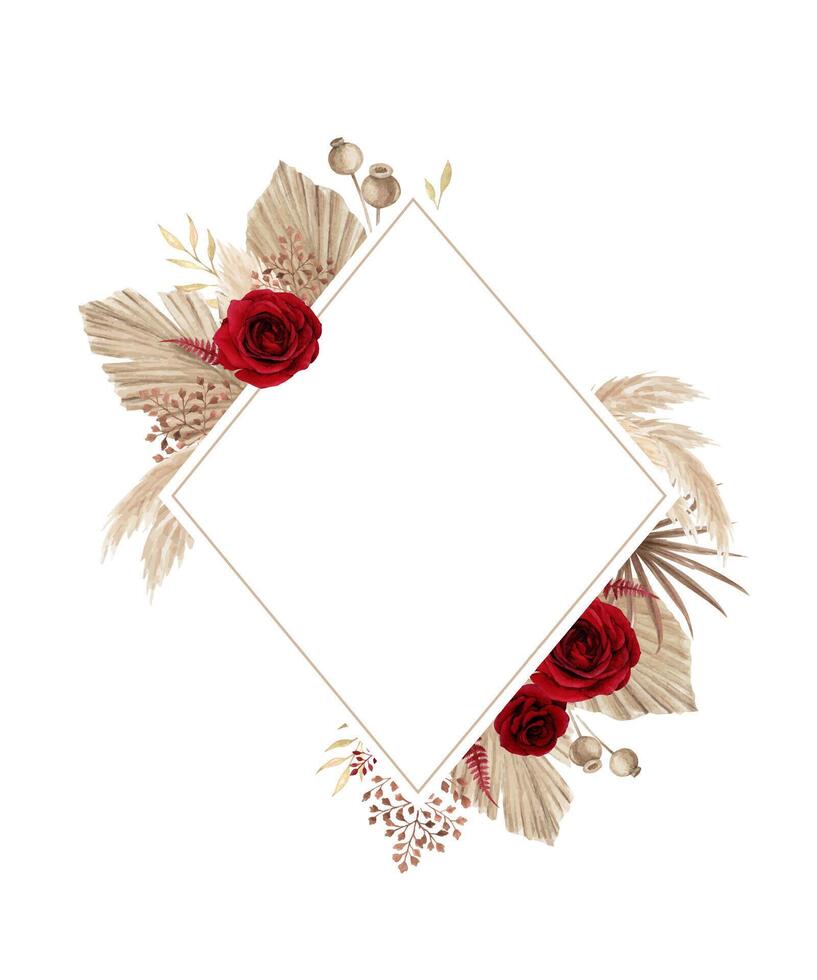 Bohemian floral frame with red rose and pampas grass vector
