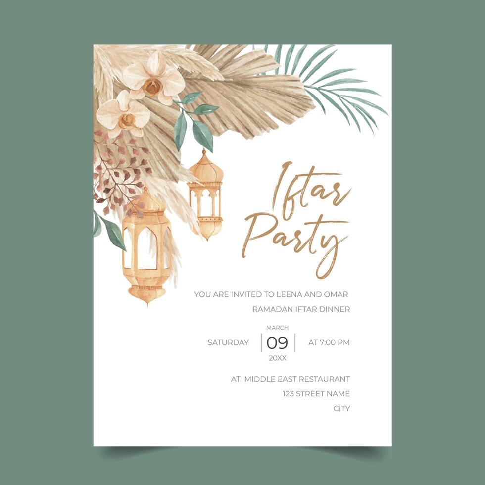 Bohemian Iftar Party Invitation Template with Dried Palm leaves, Pampas grass, Orchid and Moroccan Lamp vector